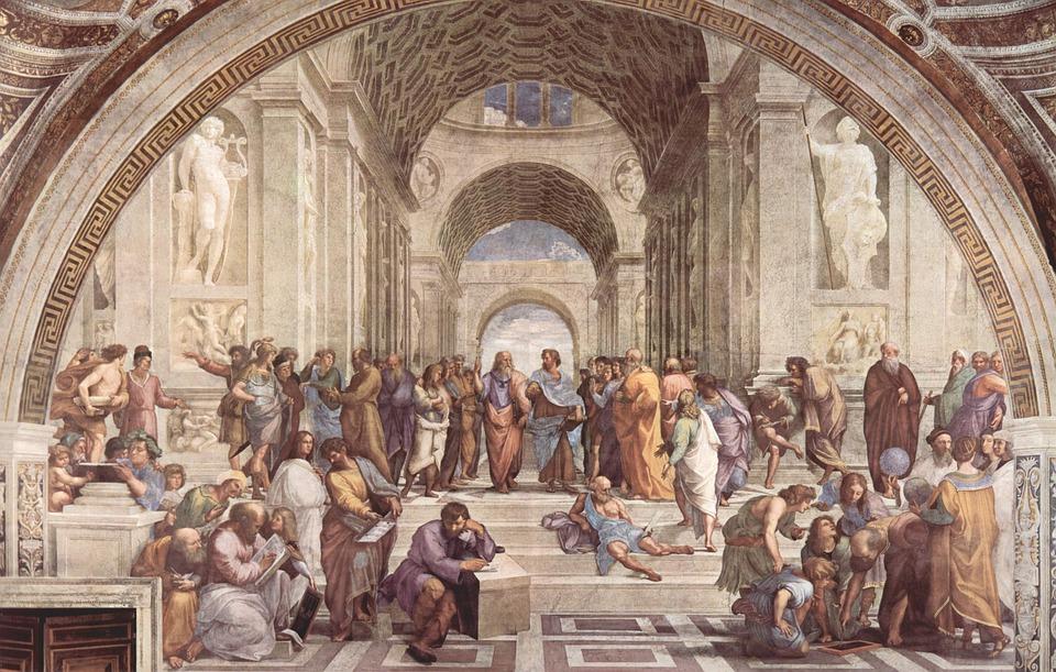 The School of Athens” by Raphael: depiction of a congregation of philosophers, mathematicians, and scientists from Ancient Greece, including Plato, Aristotle, Pythagoras, Archimedes, and Heraclitus.